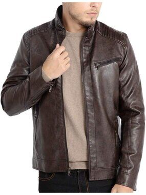 Men’s Coffee Faux Leather Motorcycle Jacket Stand Collar Lightweight Biker Coat